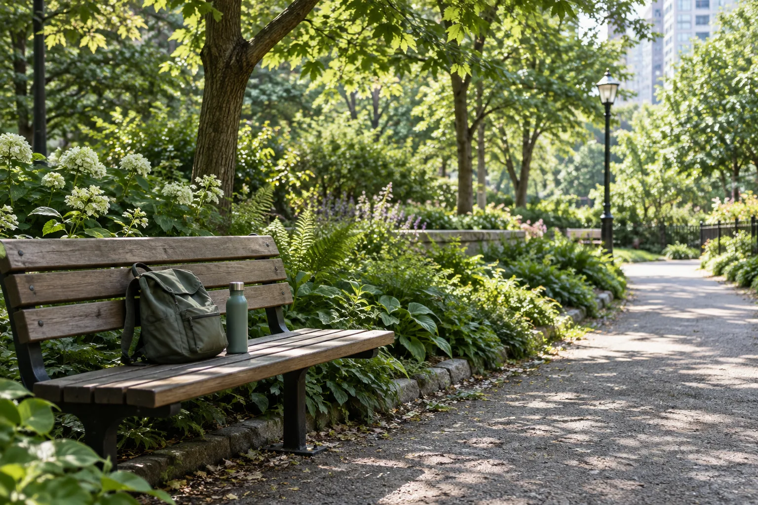 Un banc et une gourde près d’un chemin ombragé dans un jardin de ville.