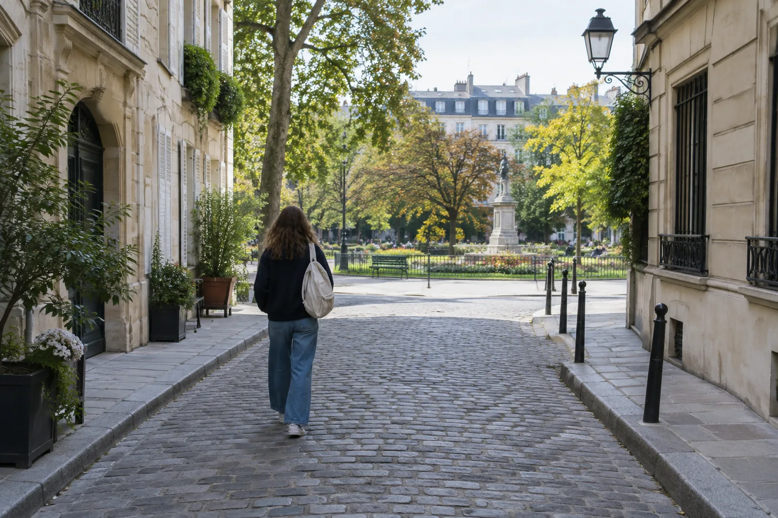 Une rue calme mène vers un jardin public où une personne se promène.