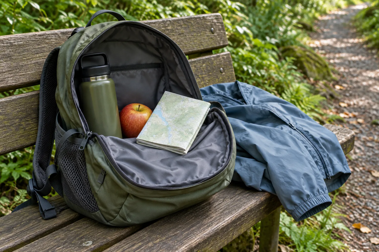 Un sac ouvert contenant une gourde, un fruit, une veste légère et une carte près d’un chemin.