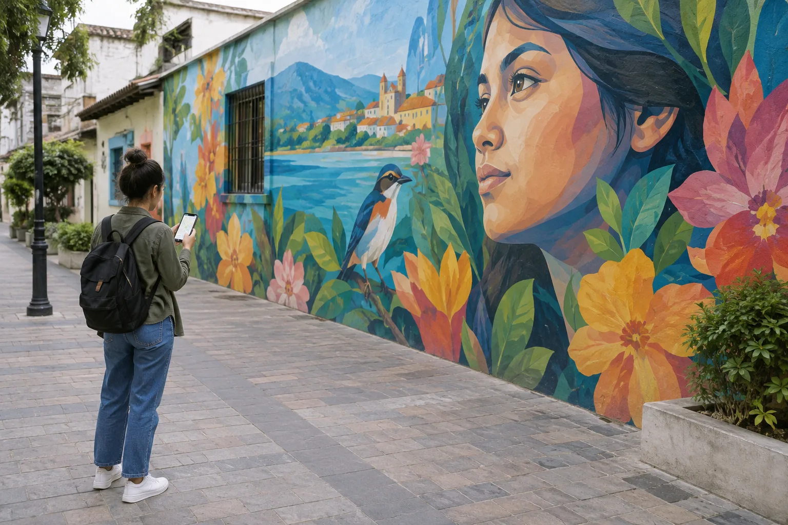Une personne consulte son itinéraire devant une fresque murale dans une rue piétonne.
