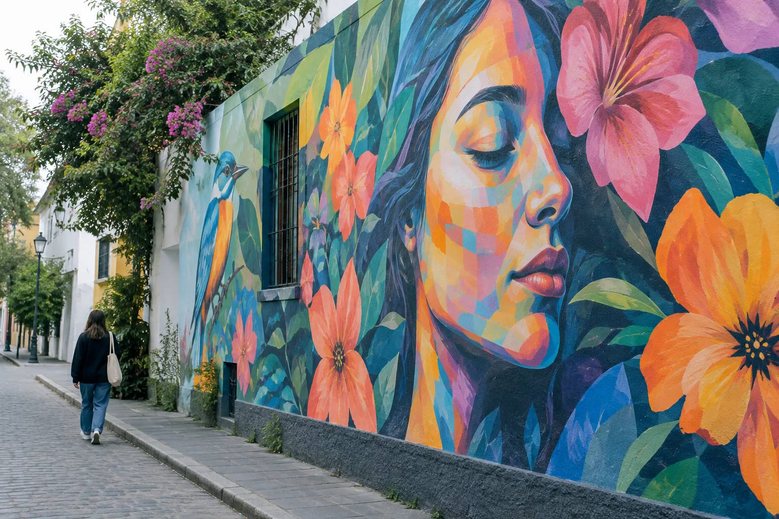 Une fresque colorée couvre le mur d’une rue calme, avec un passant vu de dos.