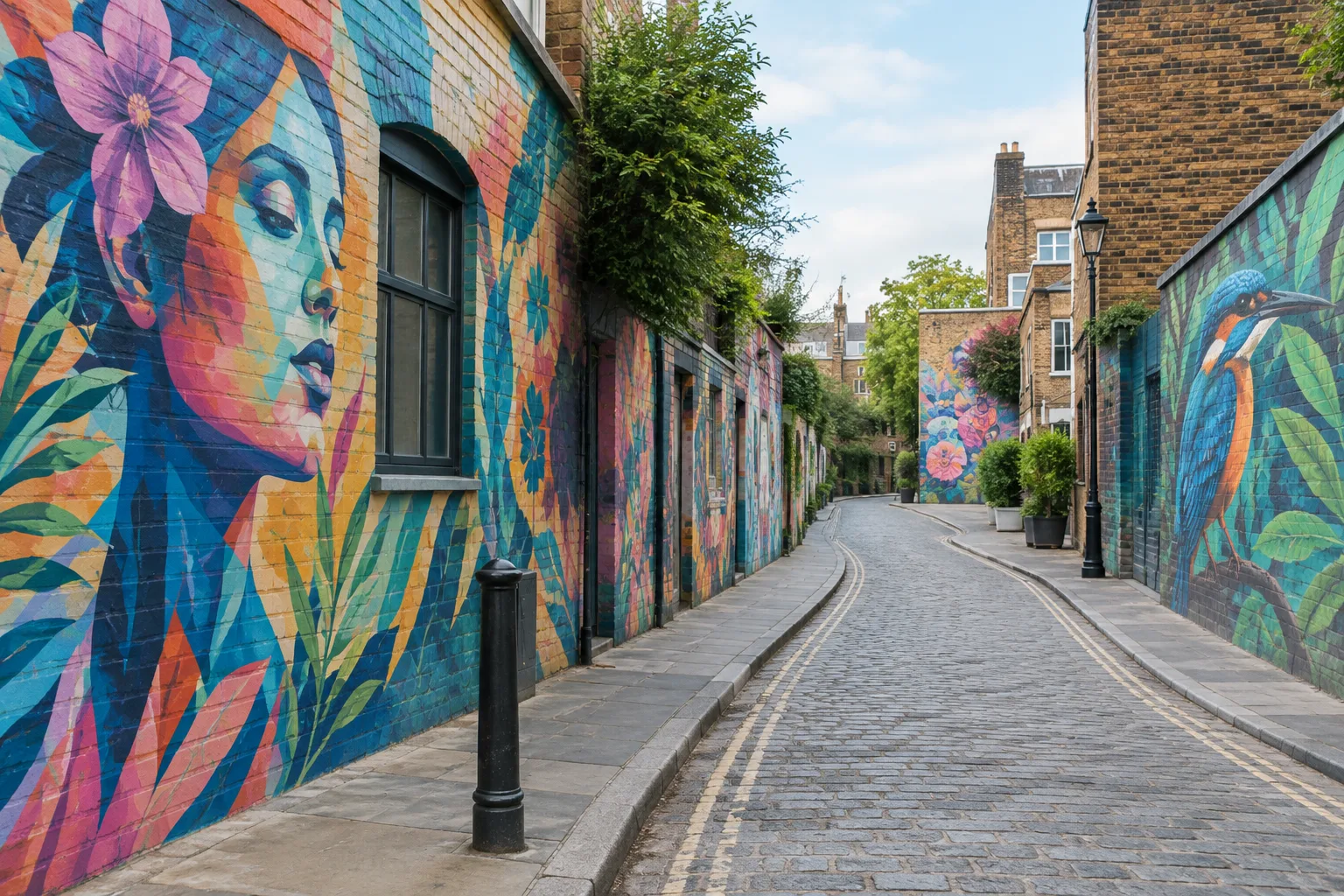 Une rue de quartier bordée de façades décorées de fresques colorées.