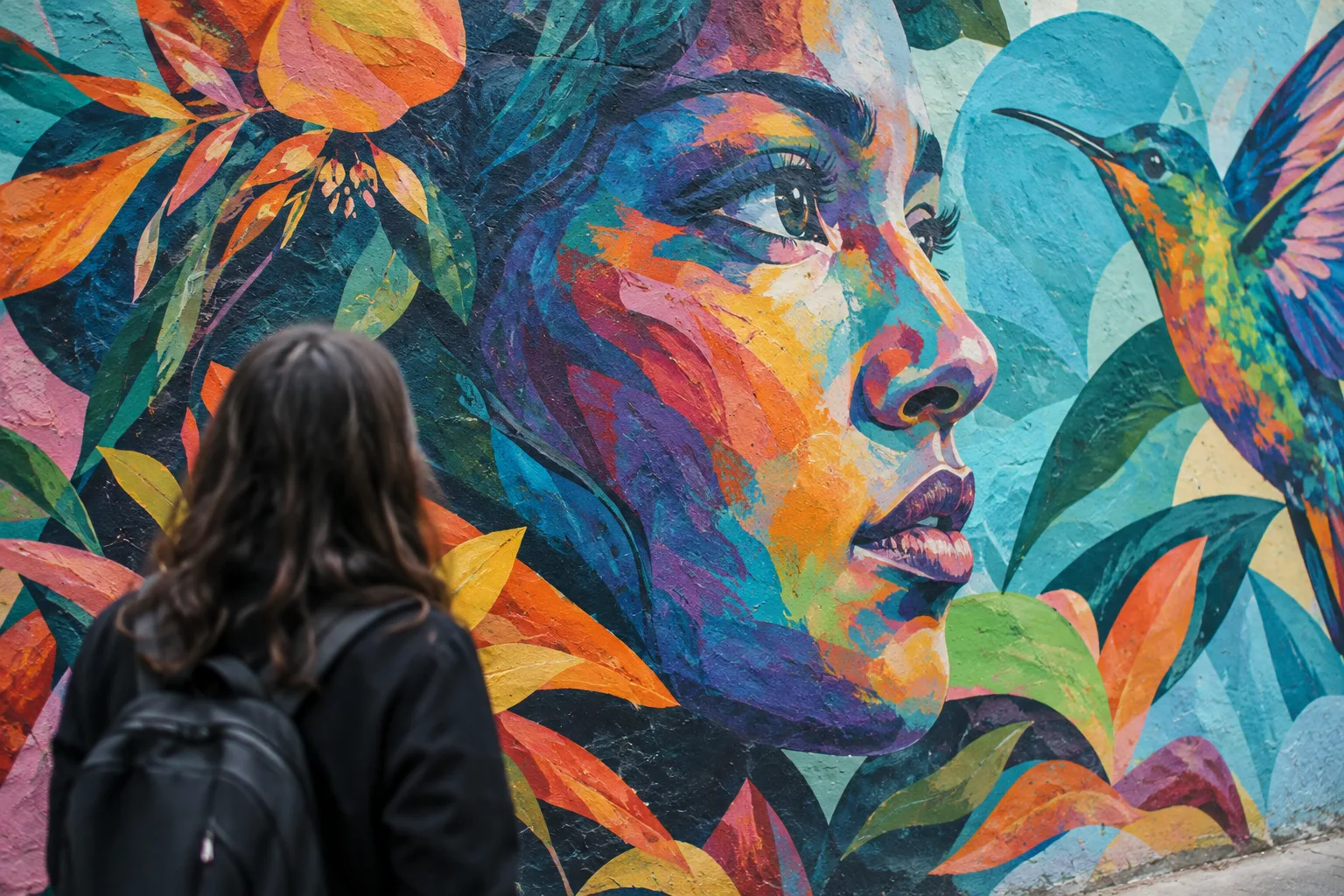 Une personne de dos observe une fresque colorée dans une rue.