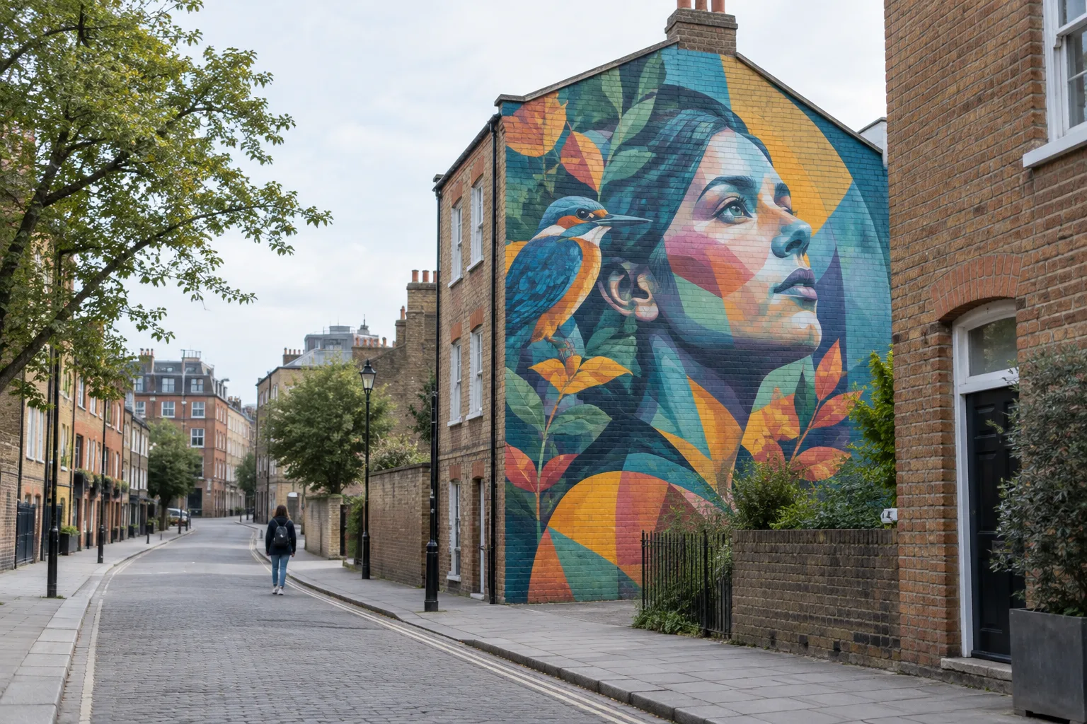 Une fresque colorée sur un mur de ville, observée par une personne de dos.
