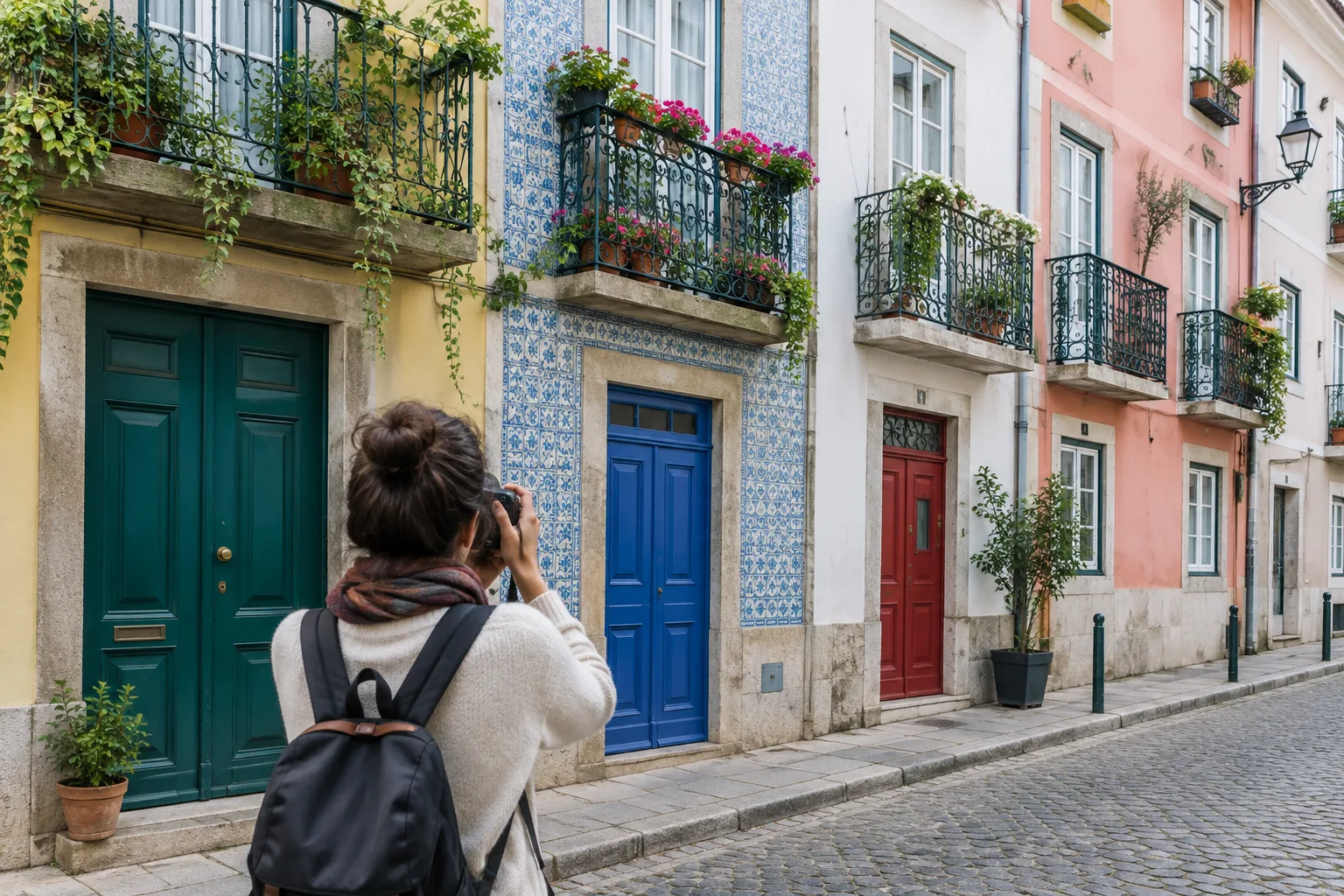 Une personne photographie les portes et les balcons d’une rue calme.
