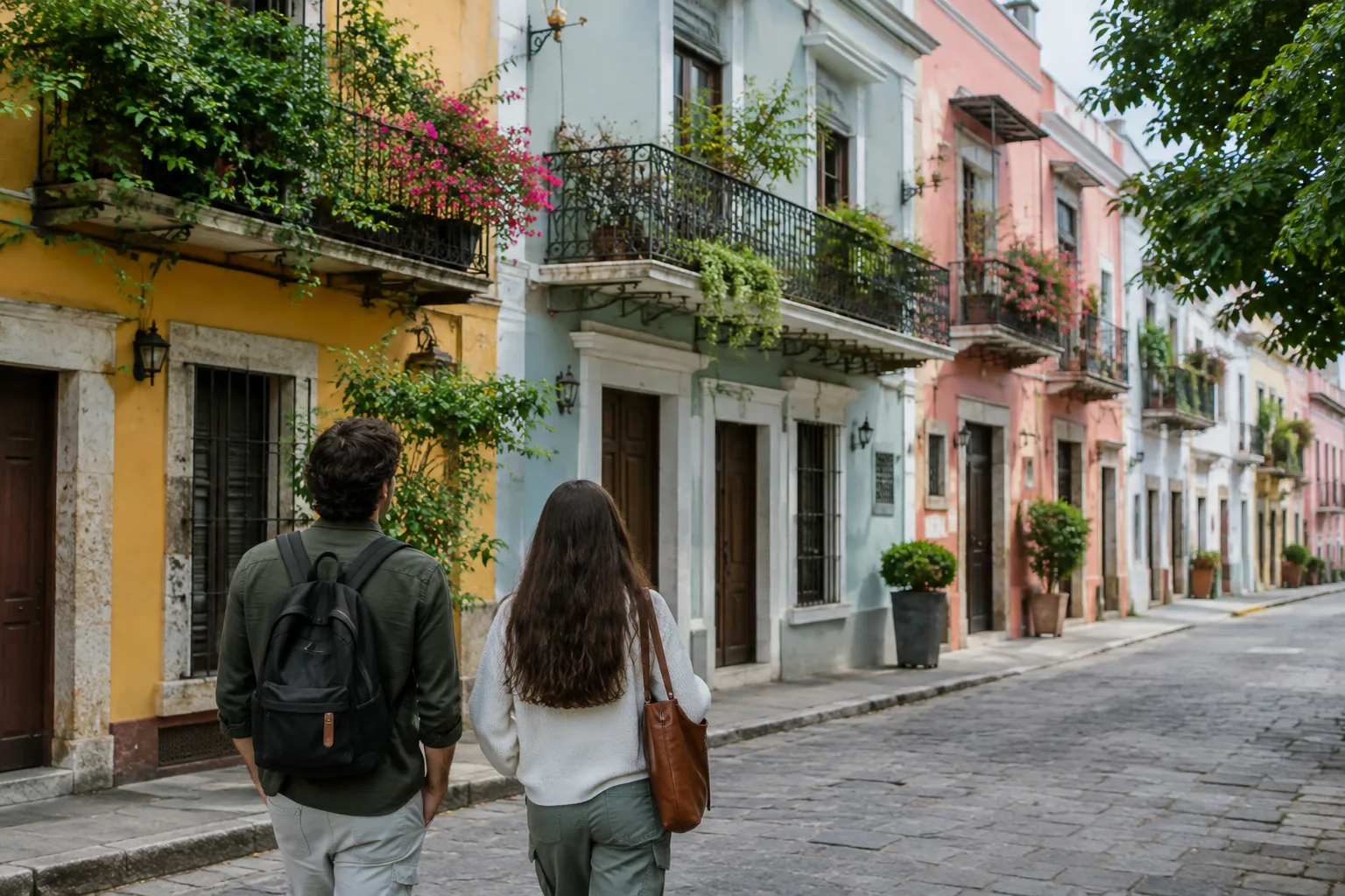 Deux promeneurs observent les façades d’une rue de quartier.