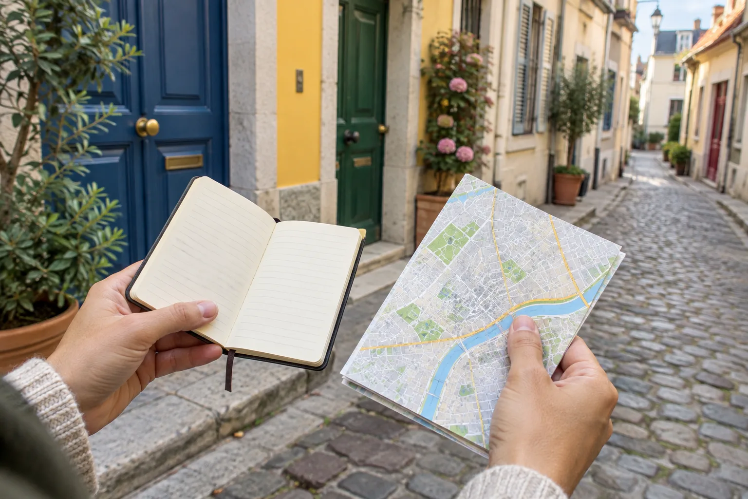 Un carnet et un plan accompagnent une promenade dans un quartier aux portes colorées.
