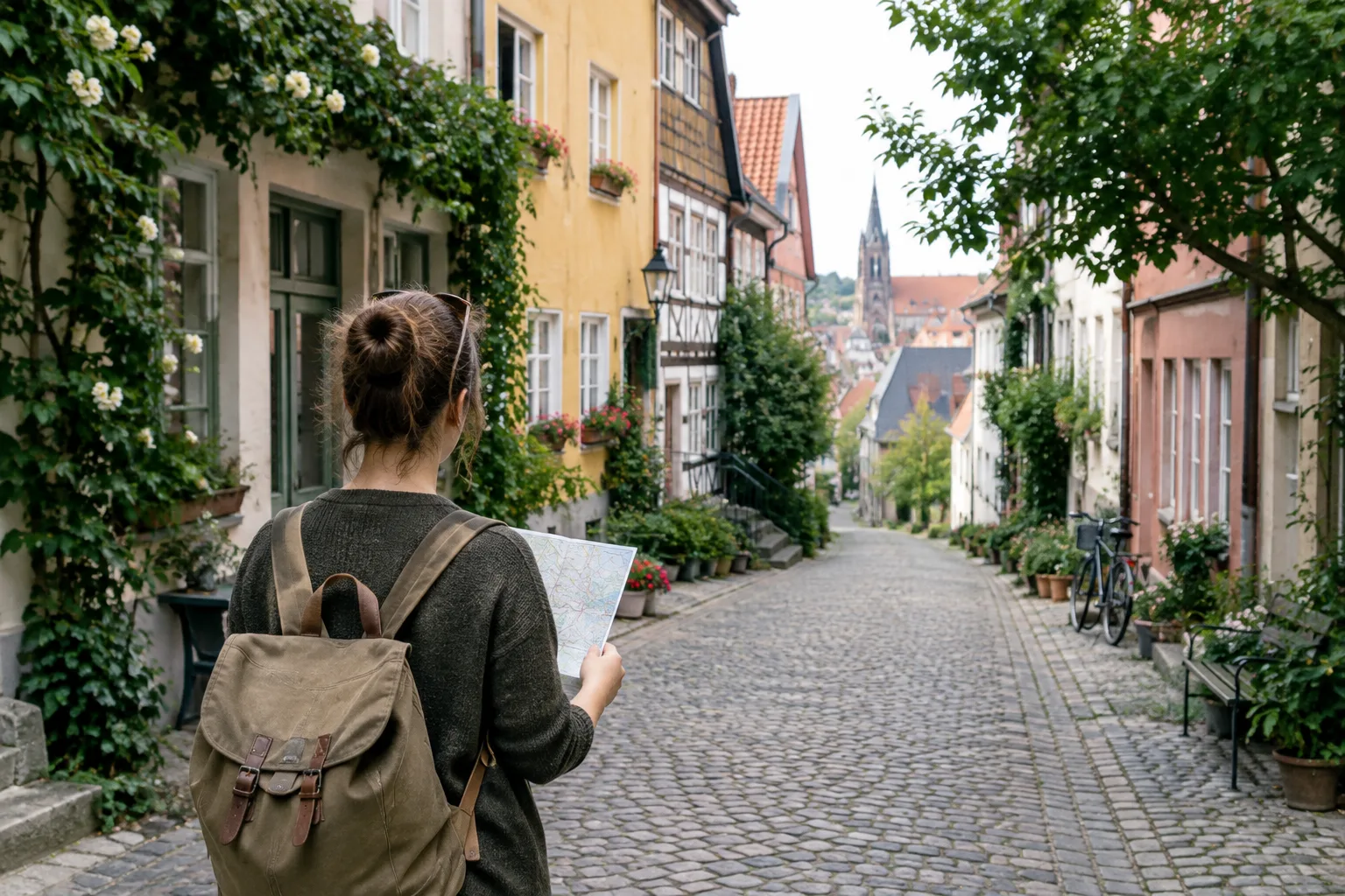 Une personne consulte un plan dans une rue bordée de façades et d’arbres.