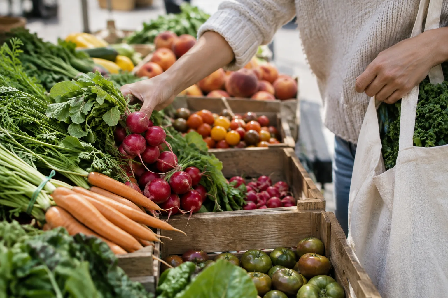 Des mains choisissent des légumes frais présentés dans des cagettes au marché.