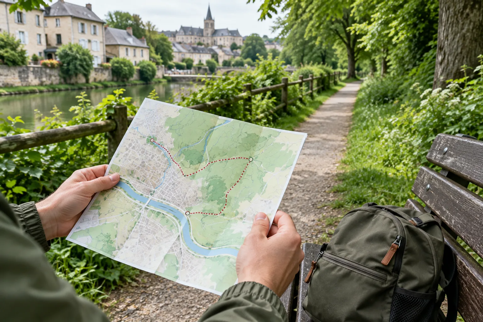 Des mains consultent une carte papier près d’un chemin arboré, avec un petit sac posé sur un banc.