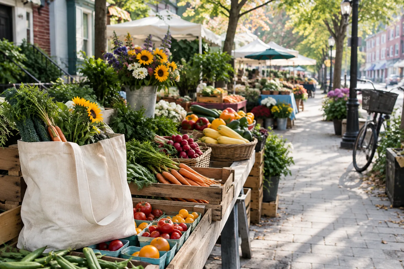 Des étals de fruits et légumes dans un marché de quartier en plein air.