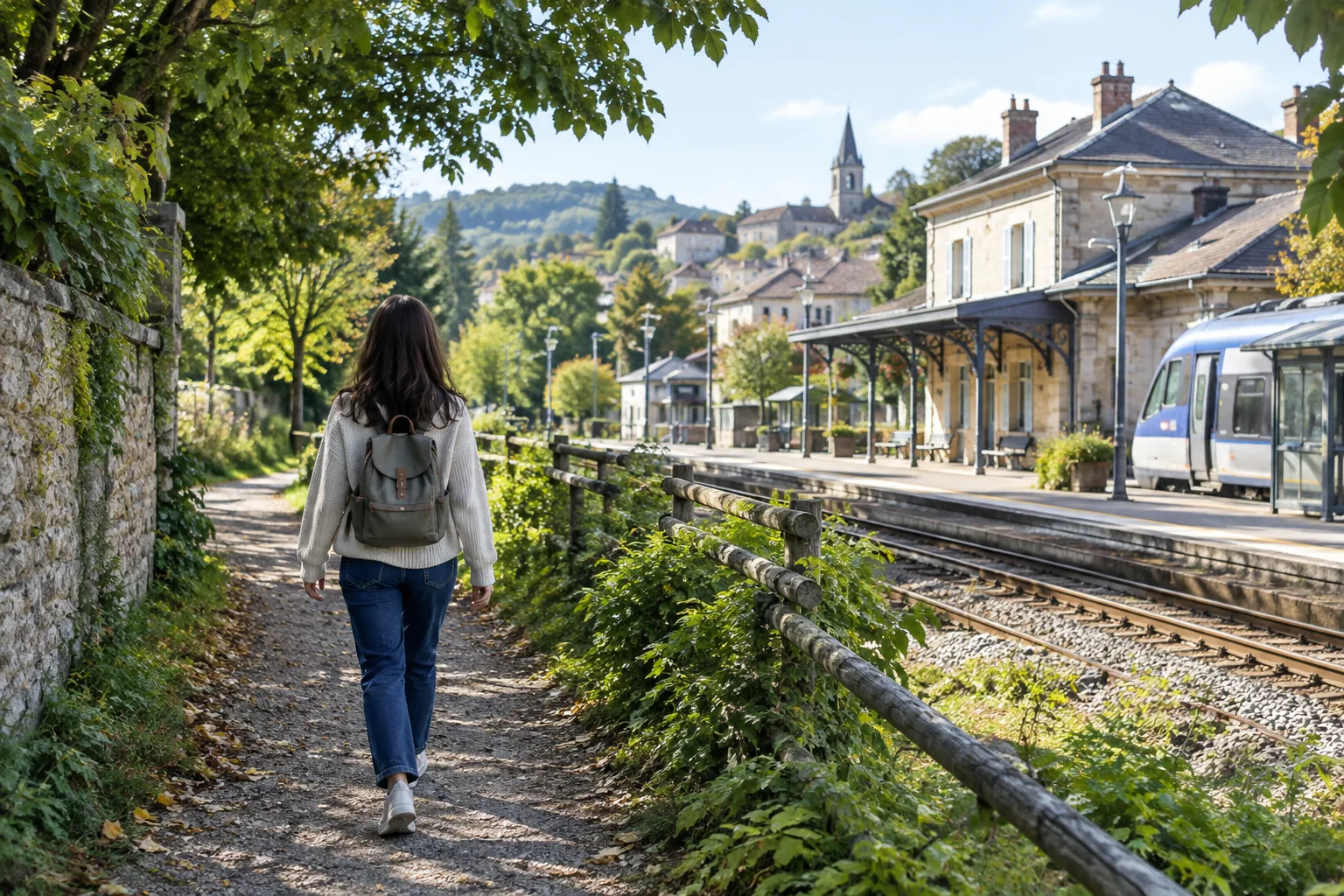 Une personne marche sur un chemin arboré près d’une petite gare, avec un sac pour la journée.