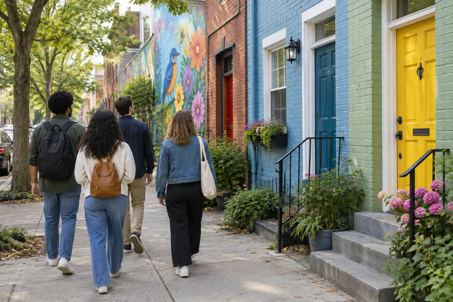 Des promeneurs observent les portes colorées et une fresque au fil d’une rue.