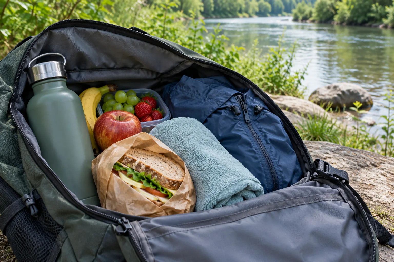 Un sac de sortie avec une gourde, des fruits, un sandwich et une veste légère près d’une rive.