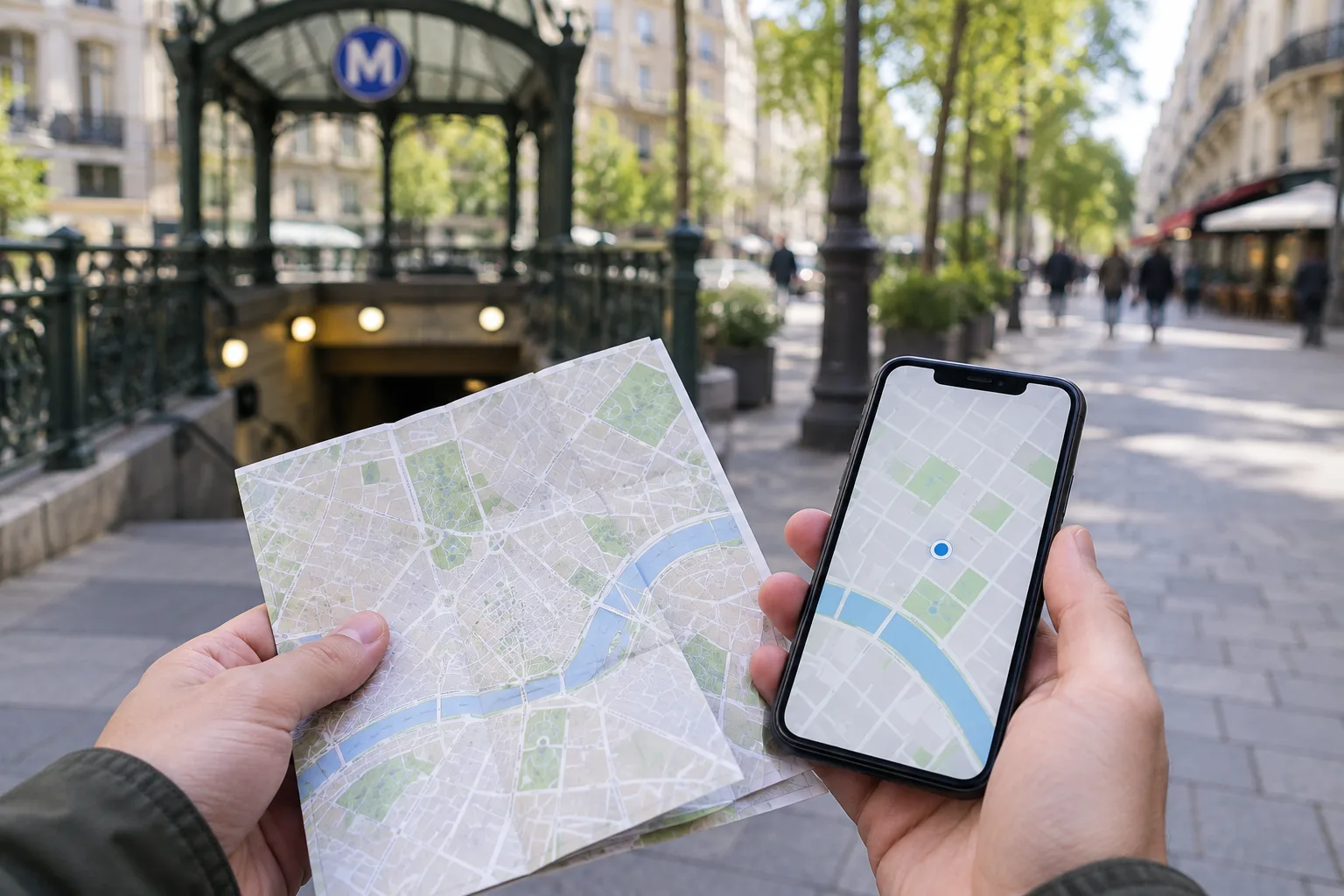 Une carte de ville et un téléphone consultés près d’une entrée de métro.