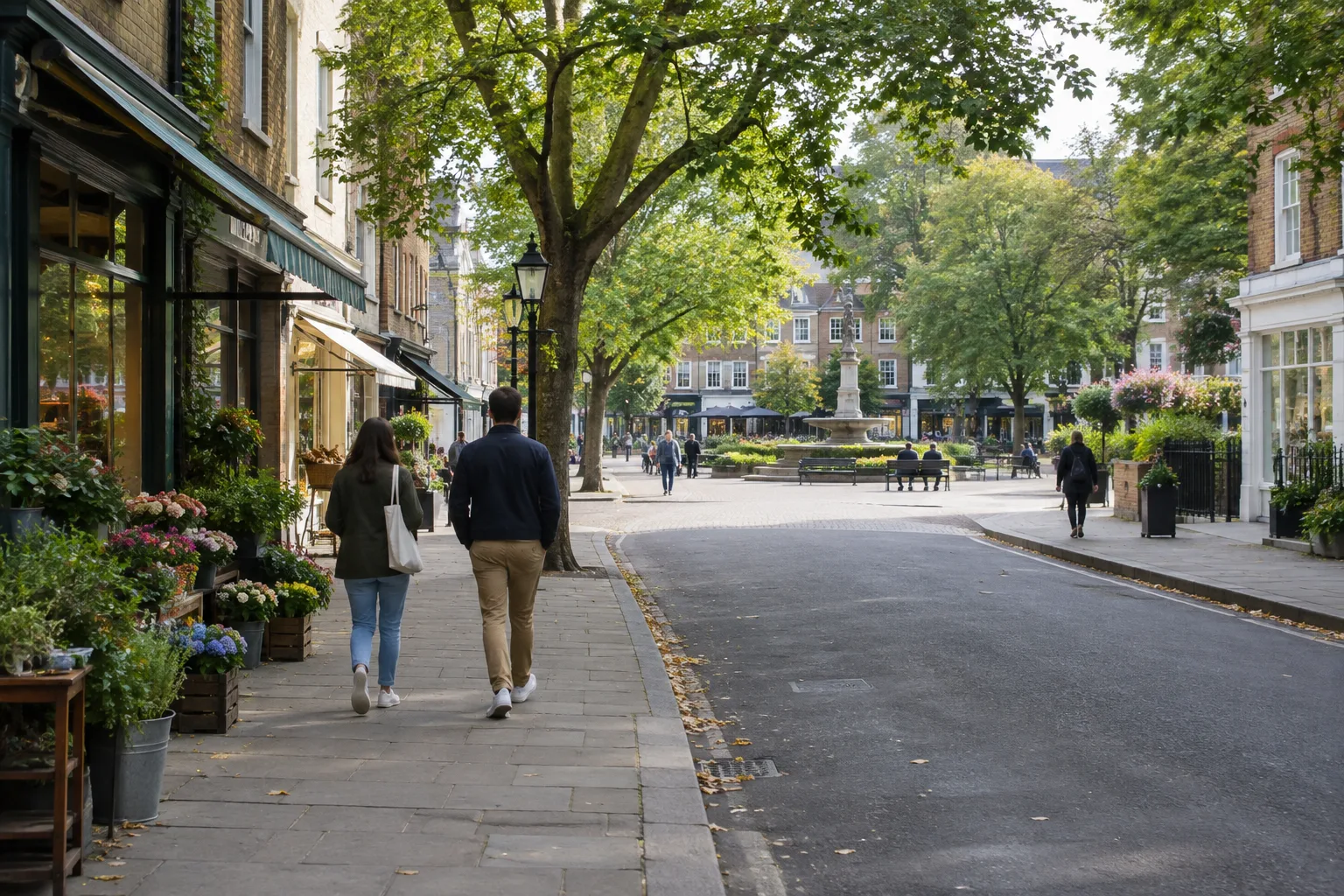 Rue de quartier bordée d’arbres et de petits commerces, avec des passants vus de dos.