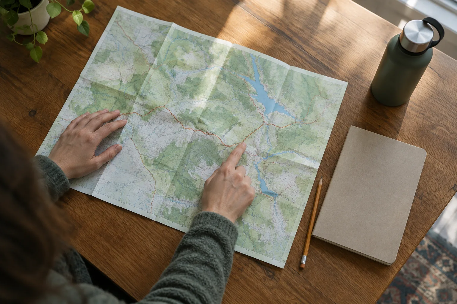 Une carte dépliée et quelques affaires utiles pour préparer une sortie.