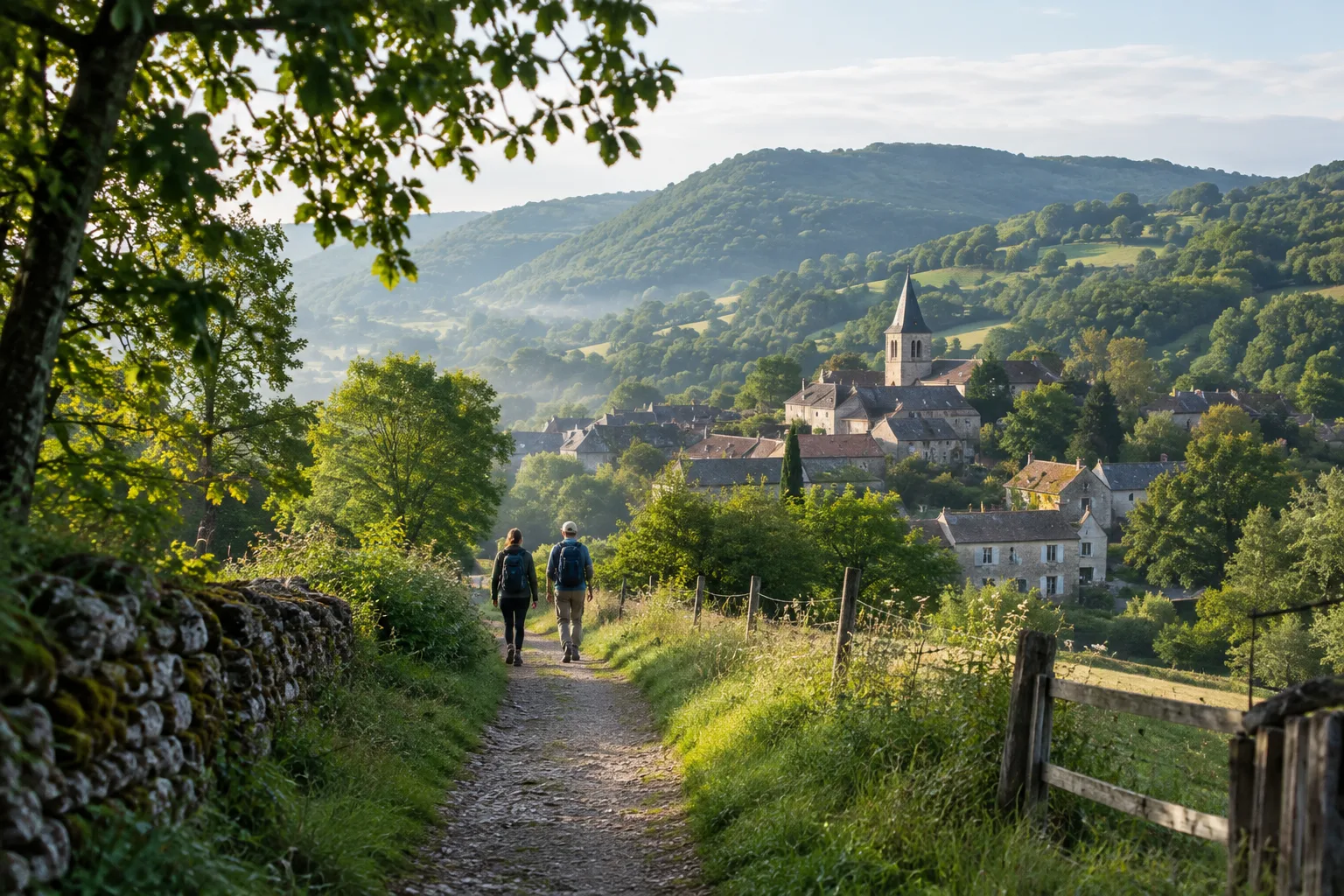 Un sentier de campagne s’éloigne vers des collines verdoyantes.