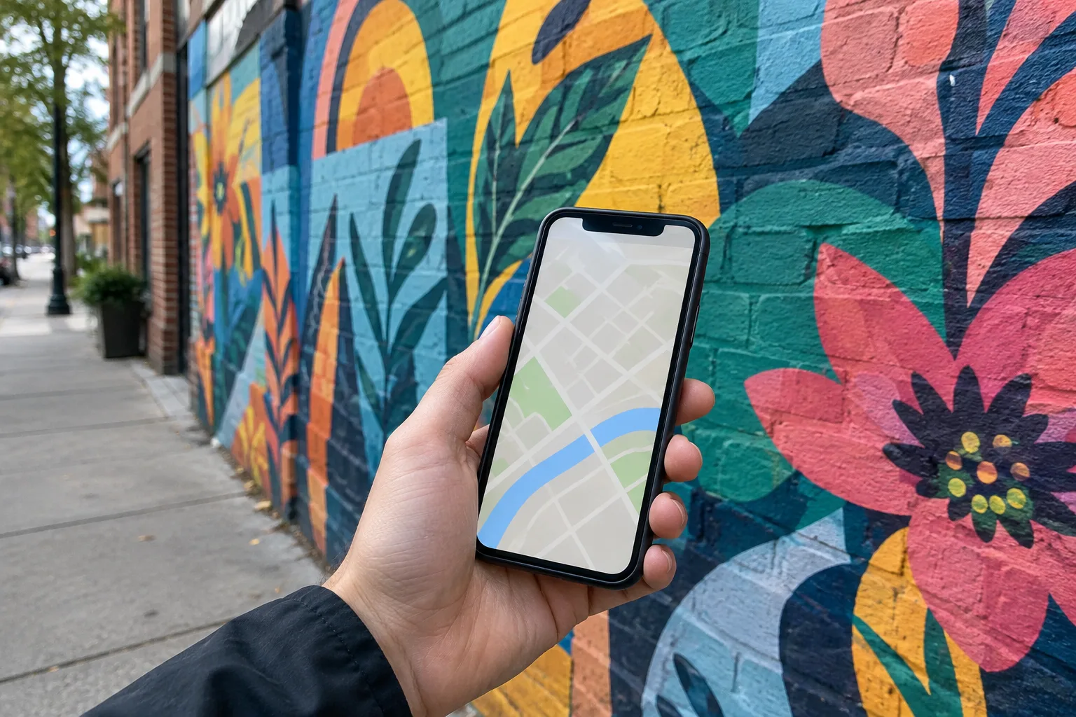 Une personne consulte une carte sur son téléphone près d’une fresque murale.