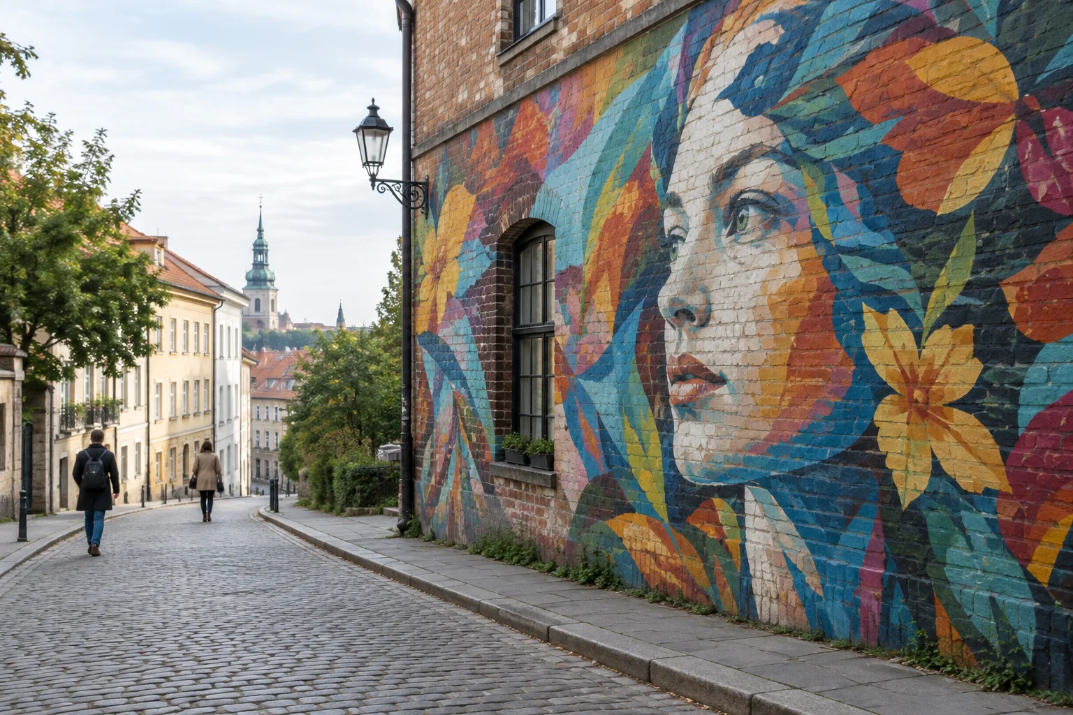Une fresque colorée couvre le mur d’une rue urbaine.