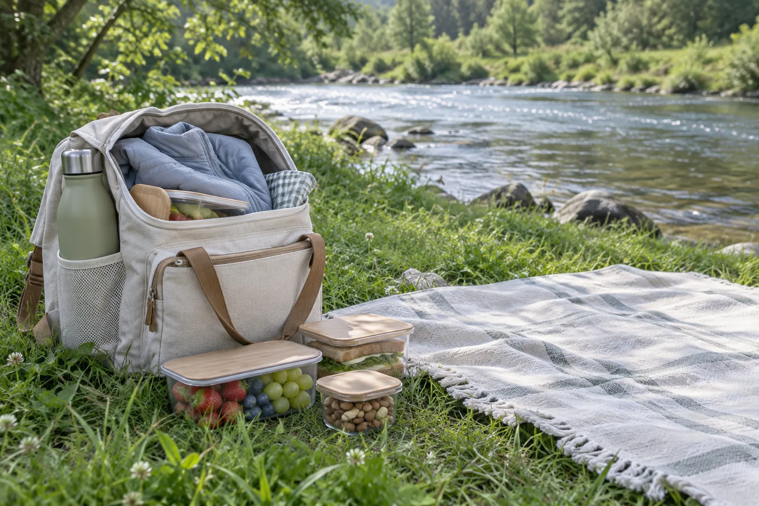 Un sac léger, une gourde et des contenants réutilisables sont posés près d’une couverture au bord d’une rivière.