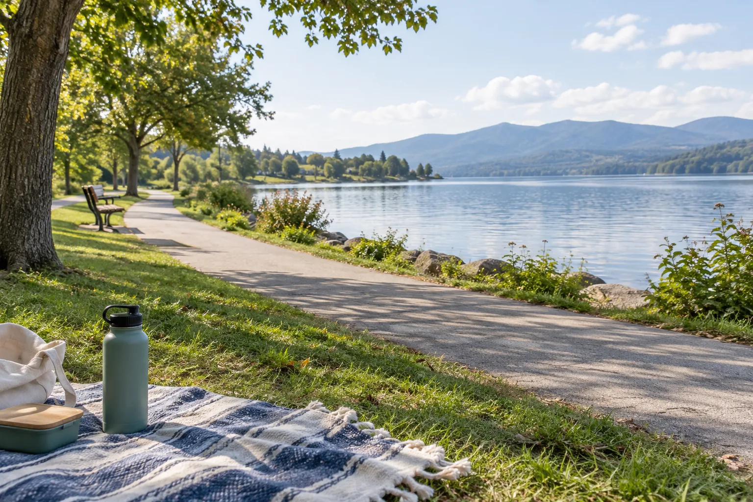 Un sentier longe un plan d’eau calme, avec une couverture de pique-nique posée dans l’herbe.