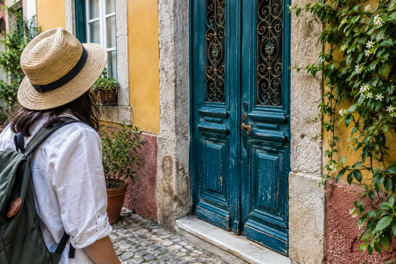 Une personne observe les détails d’une façade et d’une porte ancienne pendant une promenade.