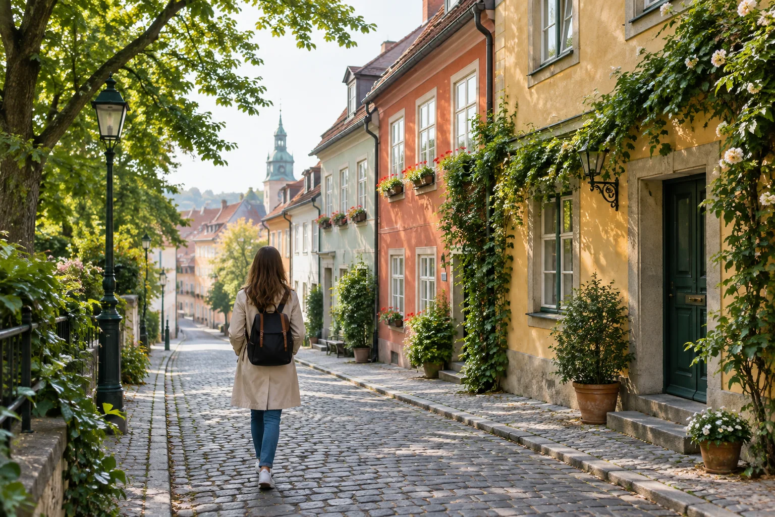 Une personne marche dans une rue de quartier bordée de façades colorées et d’arbres.