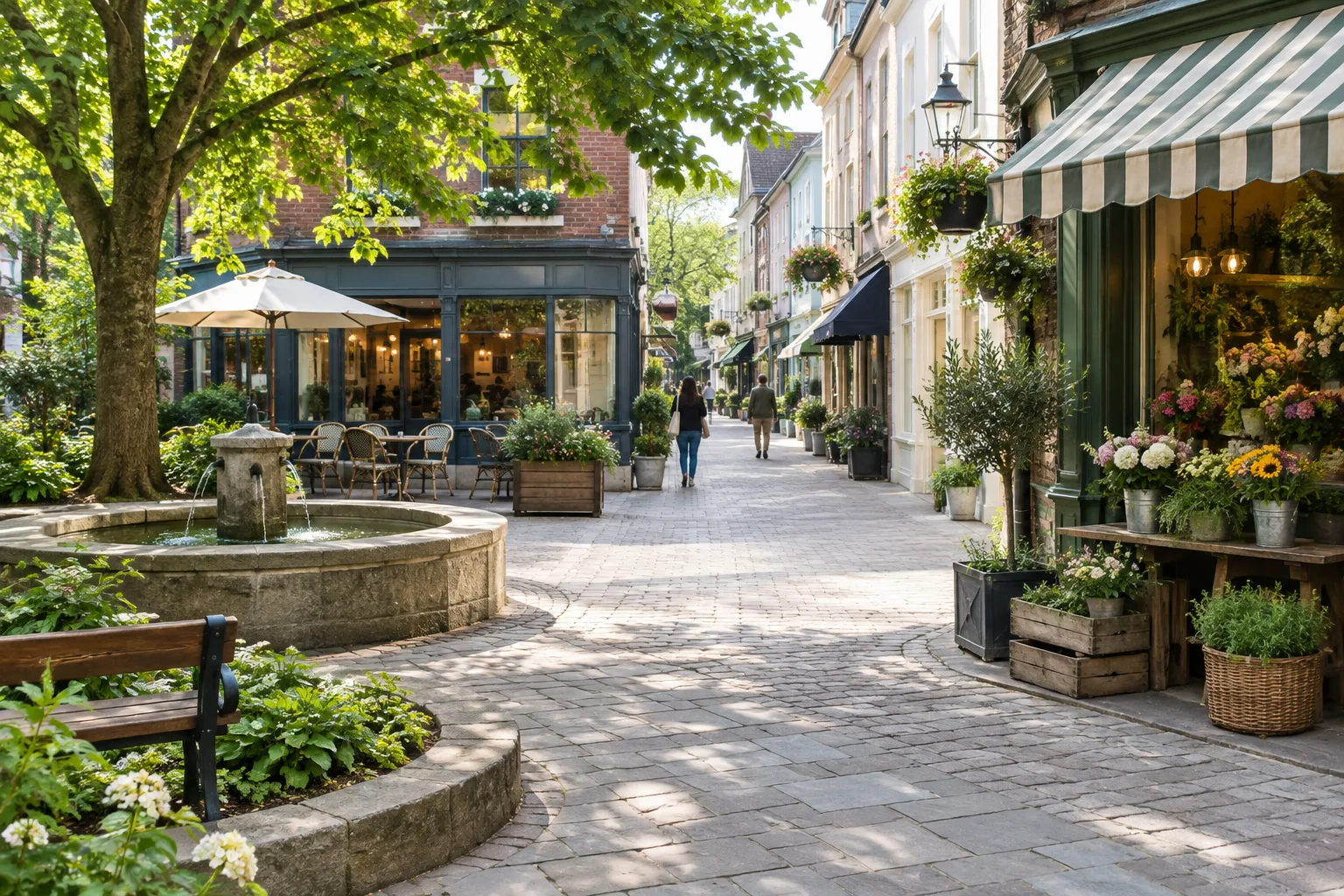Une petite place publique, des devantures et un coin de verdure composent des étapes de promenade.