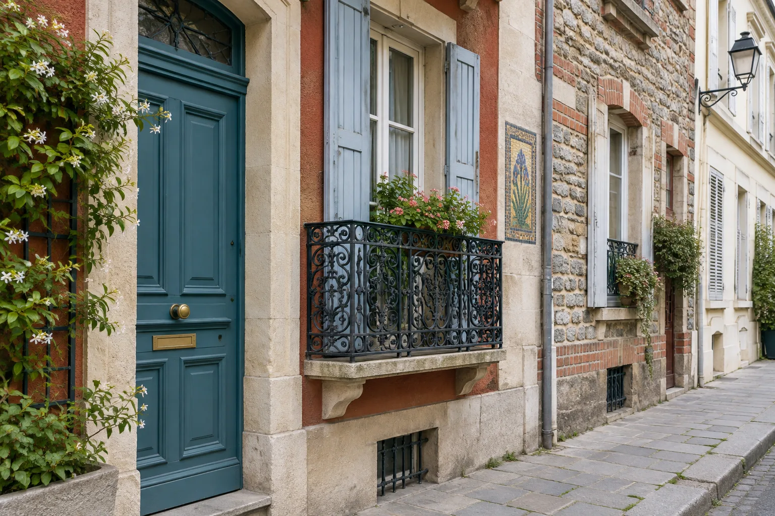 Une porte colorée, un balcon en fer forgé et une mosaïque sur des façades de quartier.