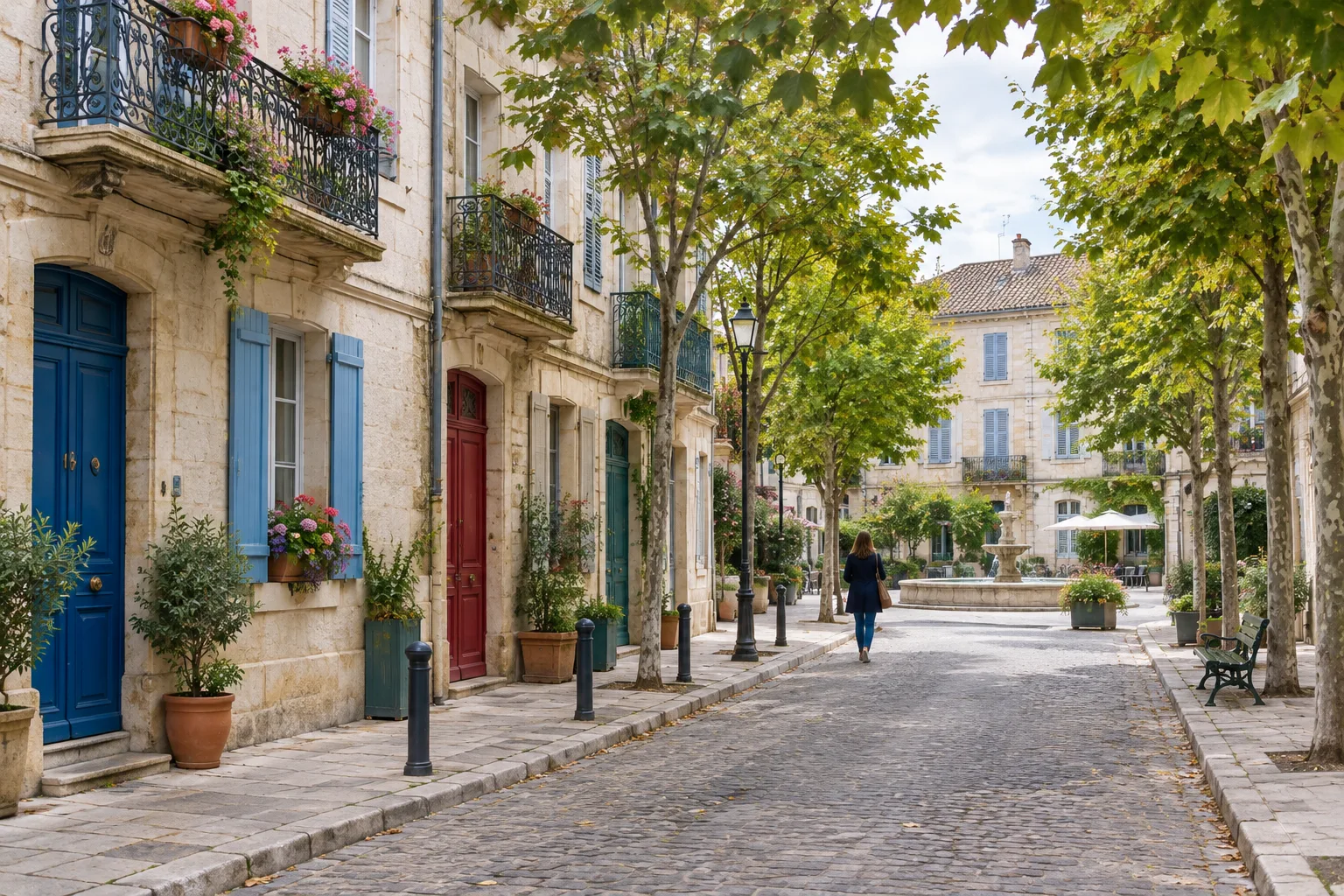 Une rue de quartier bordée de façades, de balcons et d’arbres, avec une personne qui se promène.