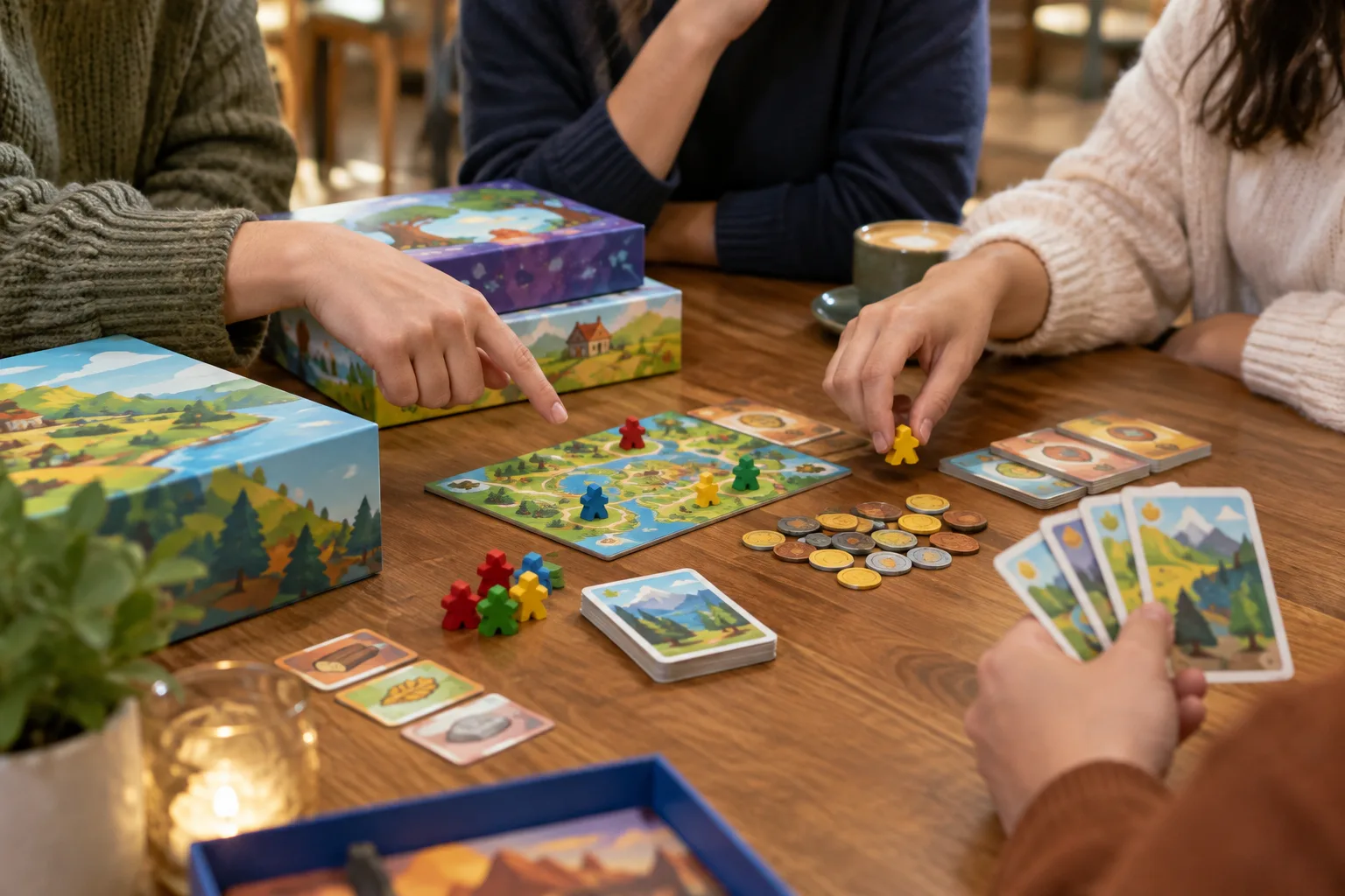 Des joueurs choisissent ensemble un jeu de société autour d’une table de café.