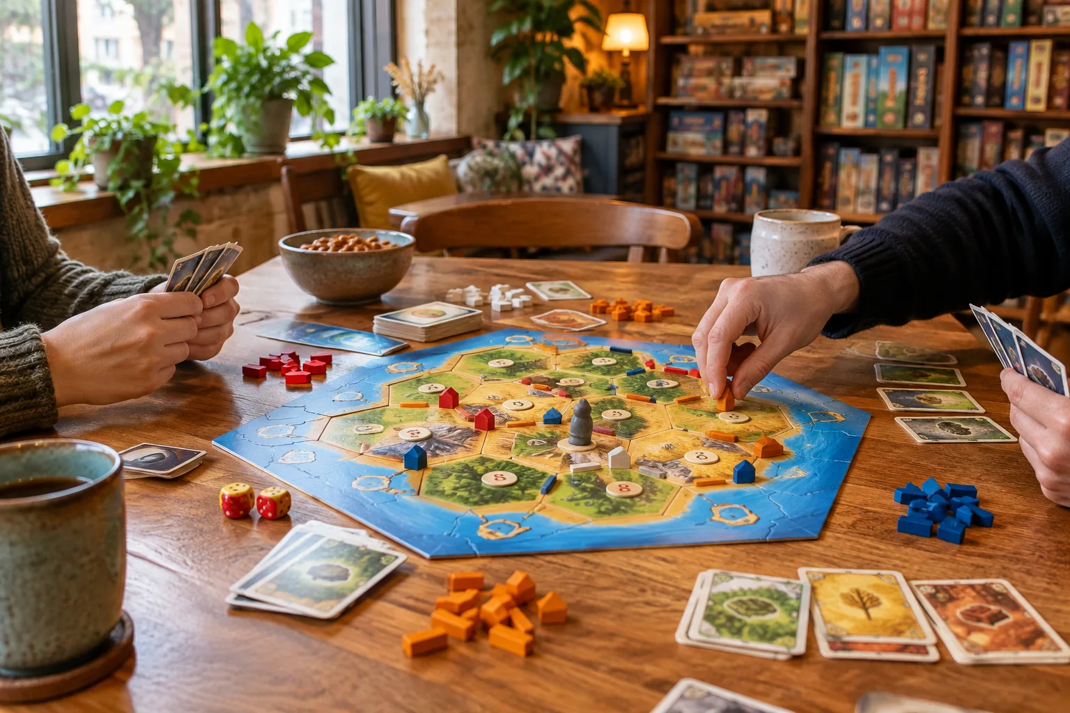 Des mains déplacent des pions et des cartes autour d’un jeu de société dans un café.