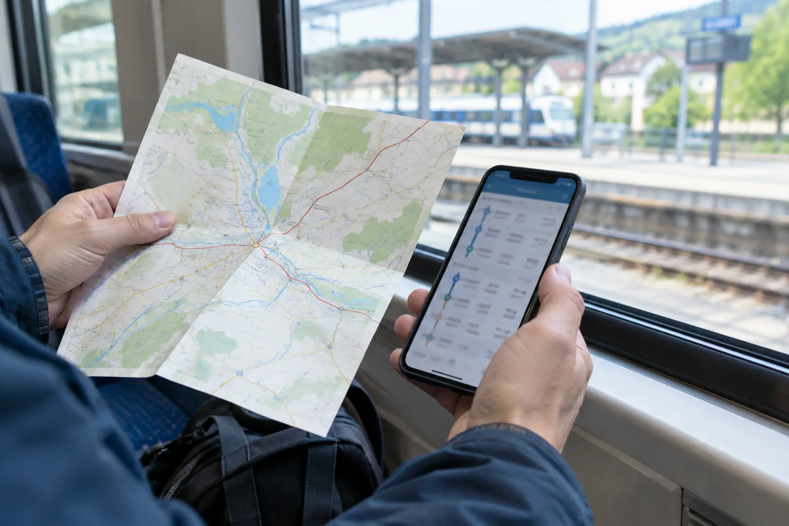 Des mains consultent une carte et un téléphone pour préparer un trajet en transport.
