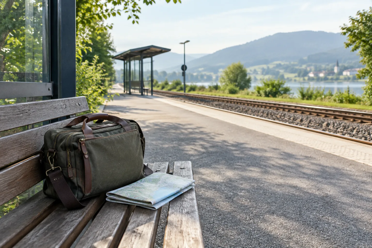 Un sac de sortie et une carte posés sur un banc près d’un quai de gare.