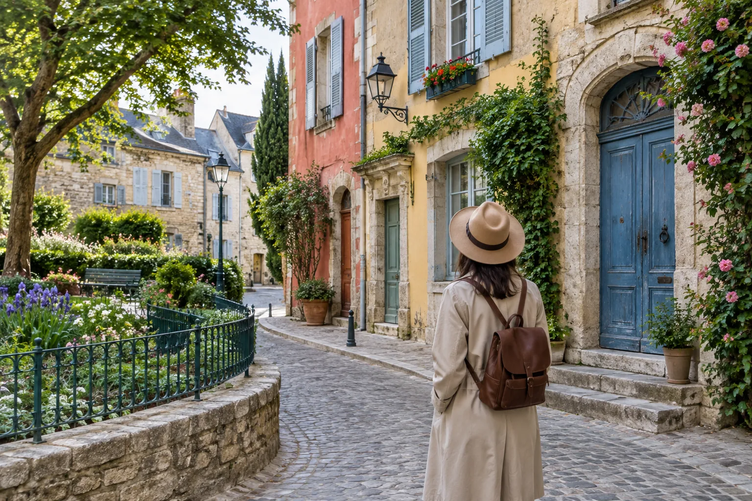 Une personne observe les portes et les détails colorés d’une rue calme.