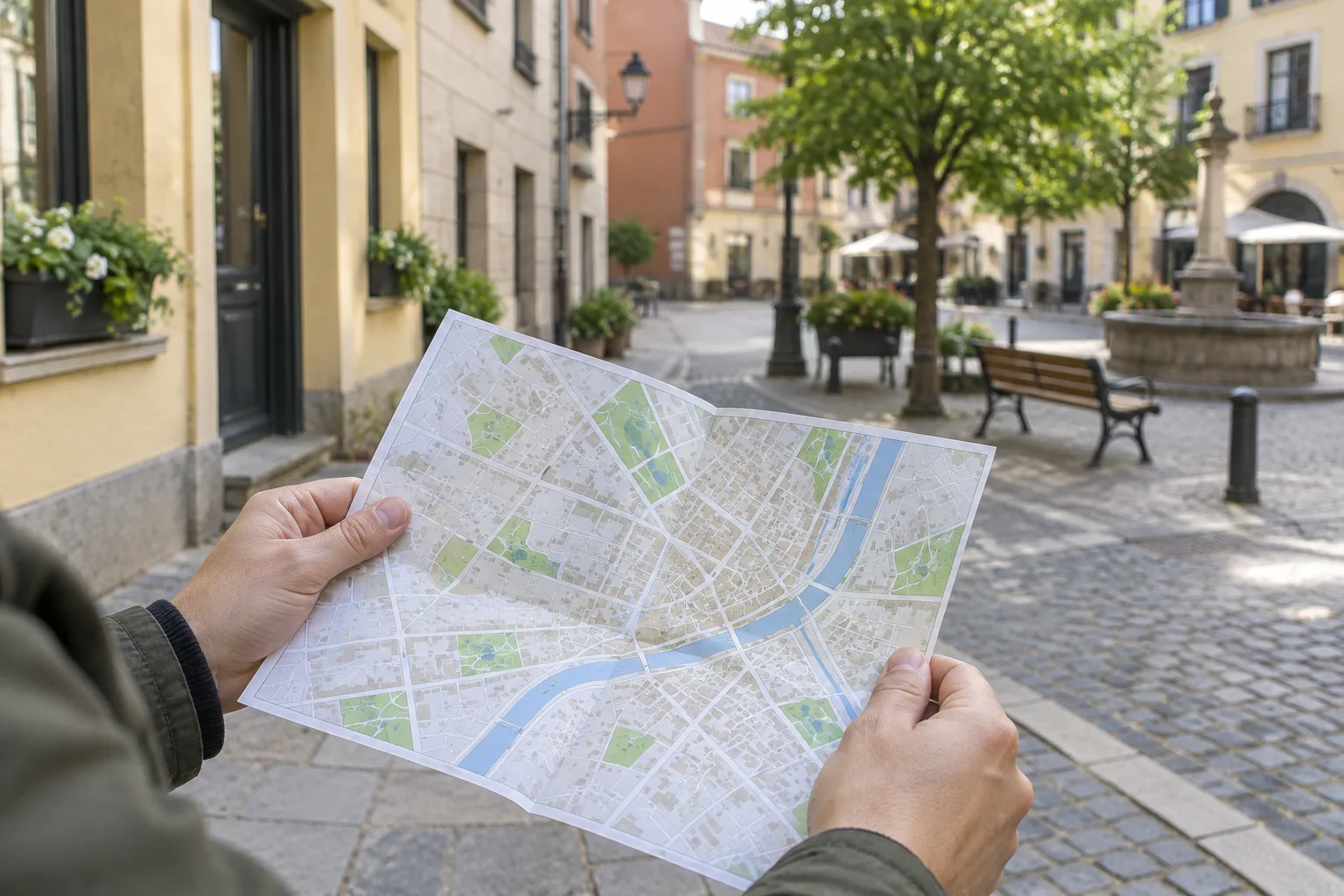 Des mains consultent une carte pliée près d’une rue de quartier.