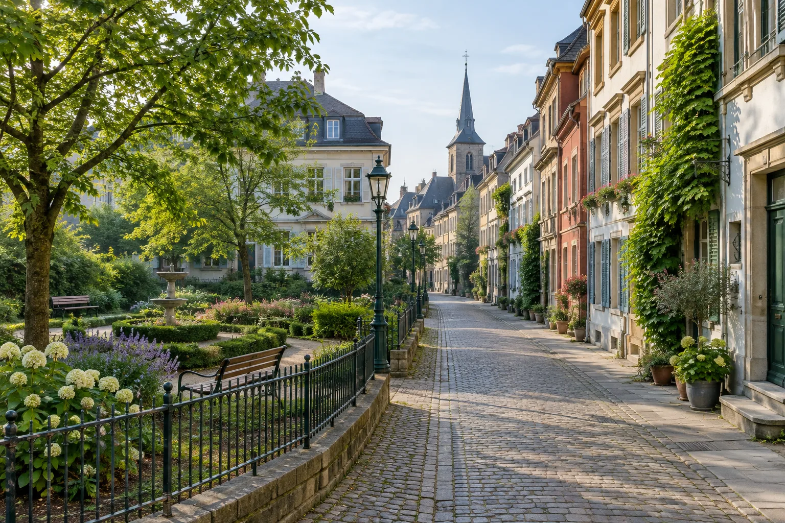 Une rue de quartier bordée de façades anciennes et de verdure, propice à une promenade.