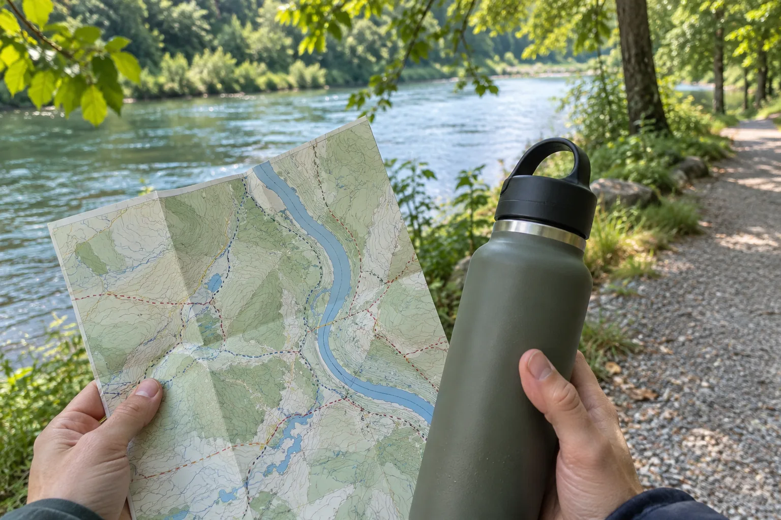 Une carte et une gourde près d’un sentier au bord de l’eau.