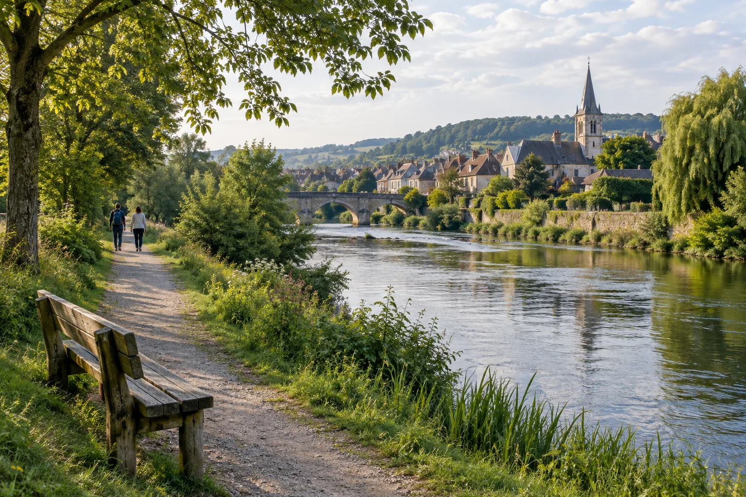 Un chemin de promenade longe une rivière bordée de verdure.