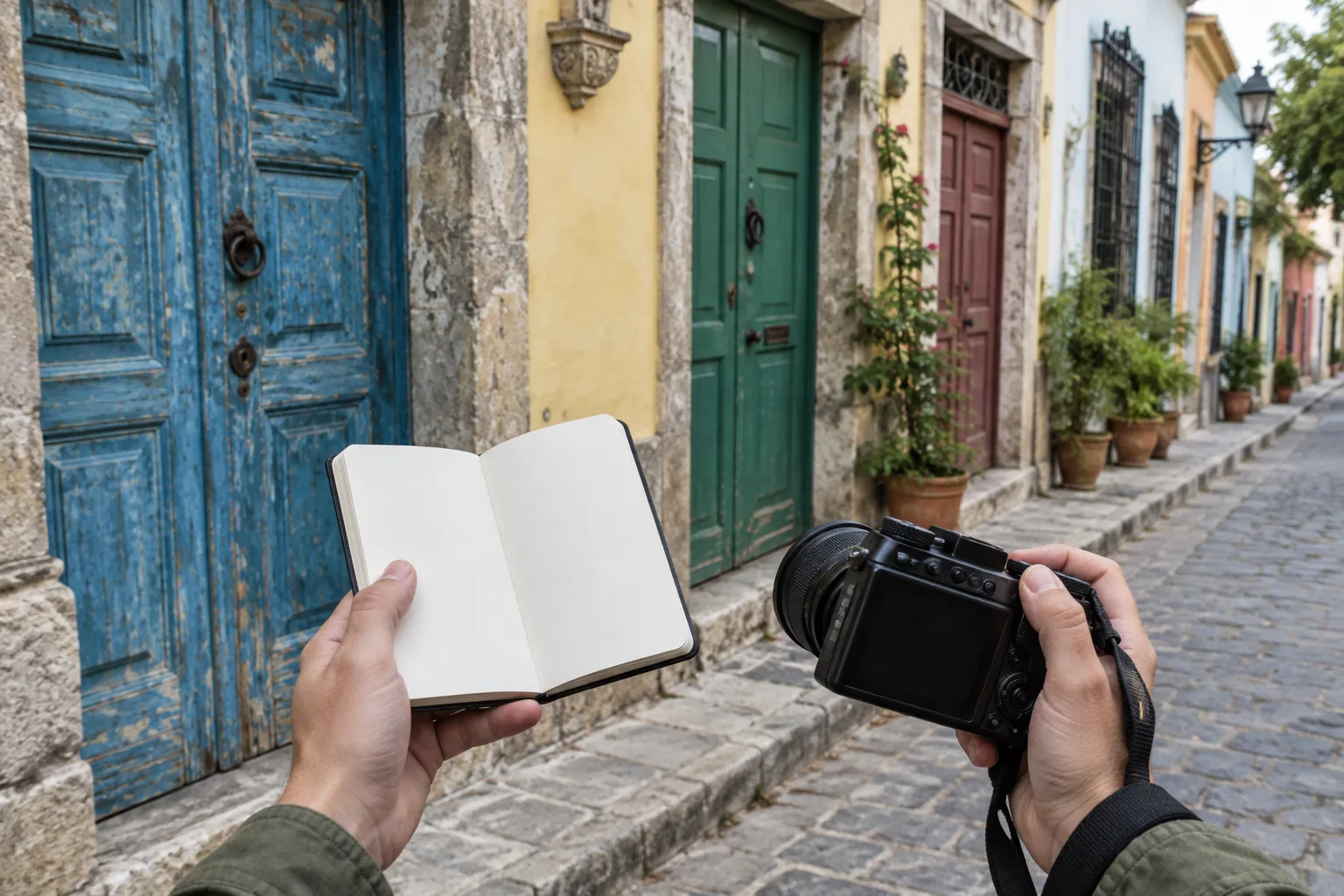 Un carnet et un appareil photo servent à noter et photographier les détails d’une rue.