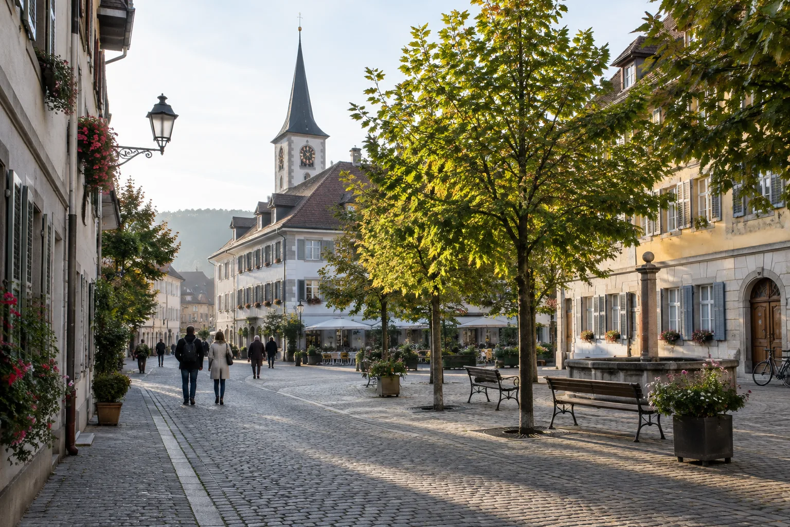 Une rue de quartier bordée de façades et d’arbres, propice à une promenade tranquille.