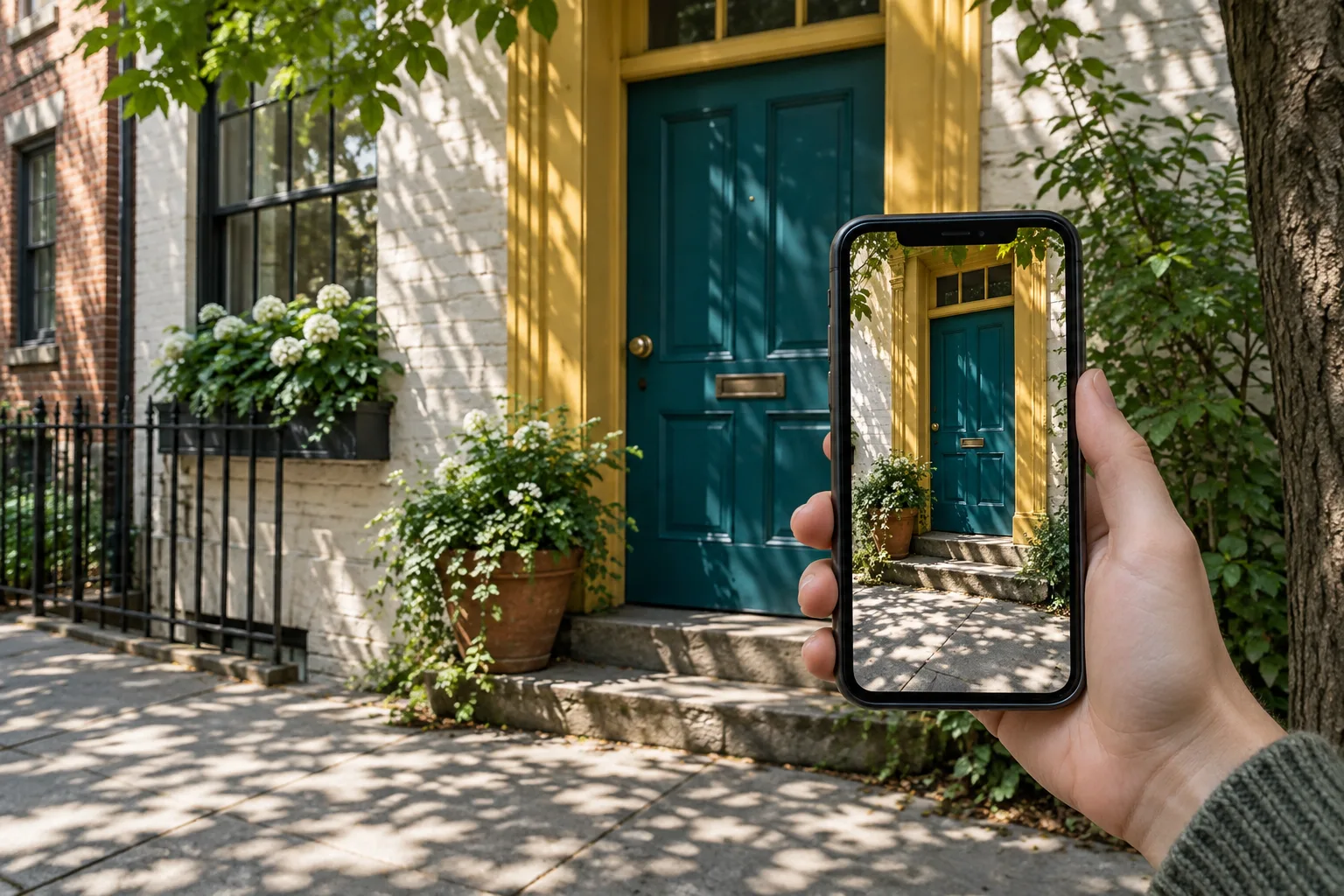 Un téléphone cadre une porte colorée éclairée par des ombres de feuillage.