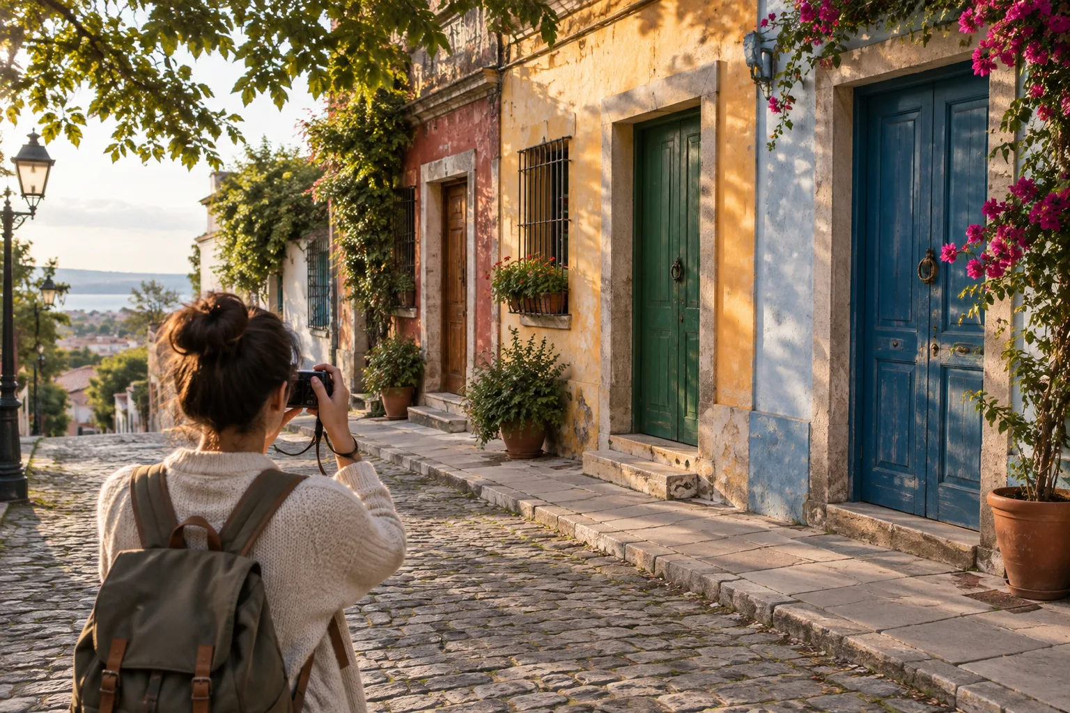 Une personne photographie des portes colorées dans une rue de quartier.