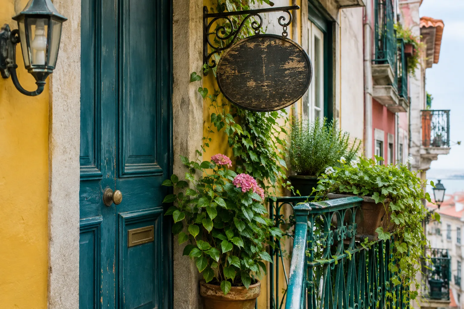 Détails de rue : une porte colorée, une enseigne ancienne et des plantes sur un balcon.