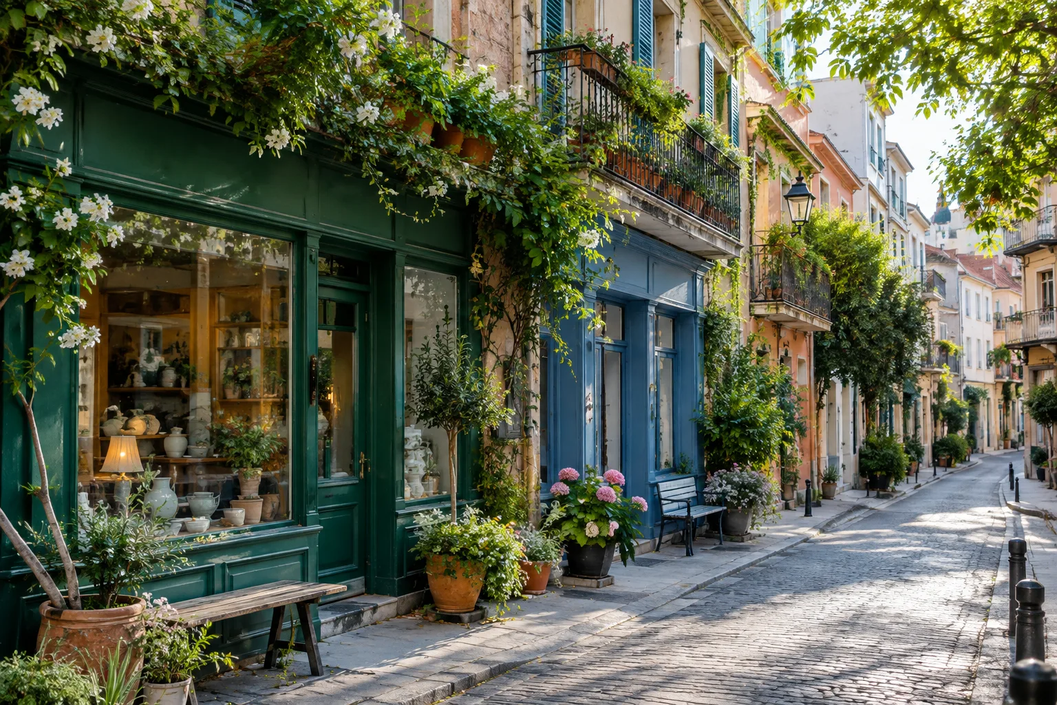 Une rue de quartier bordée de façades colorées et de balcons végétalisés.