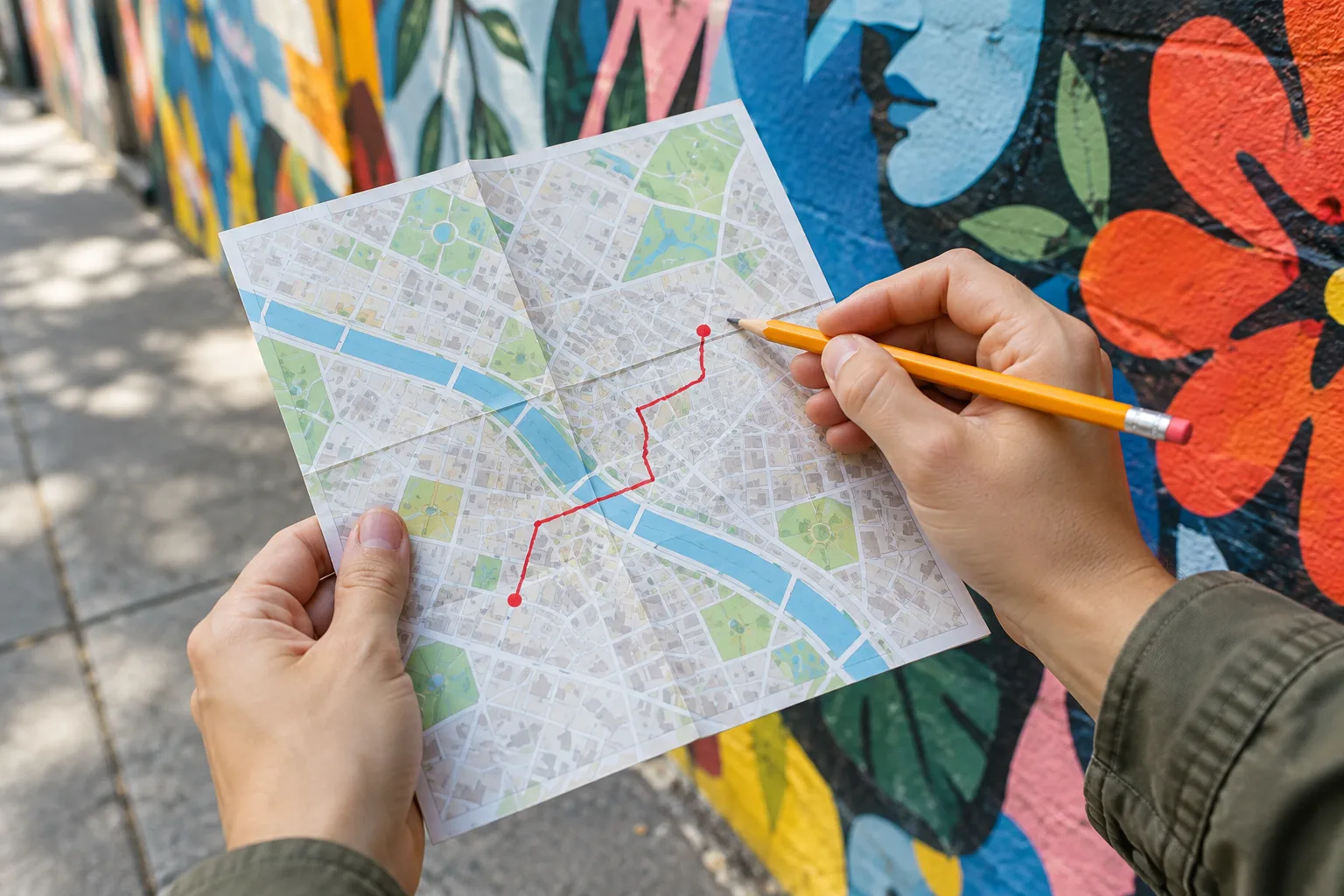 Des mains consultent une carte de quartier près d’une fresque colorée.