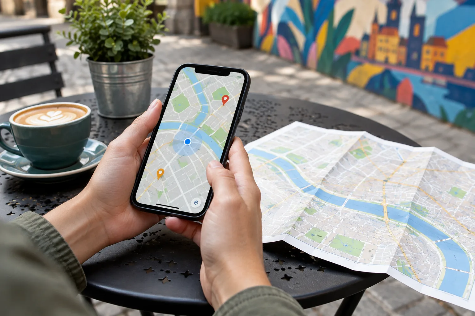 Des mains consultent une carte sur un téléphone à côté d’un plan de ville.