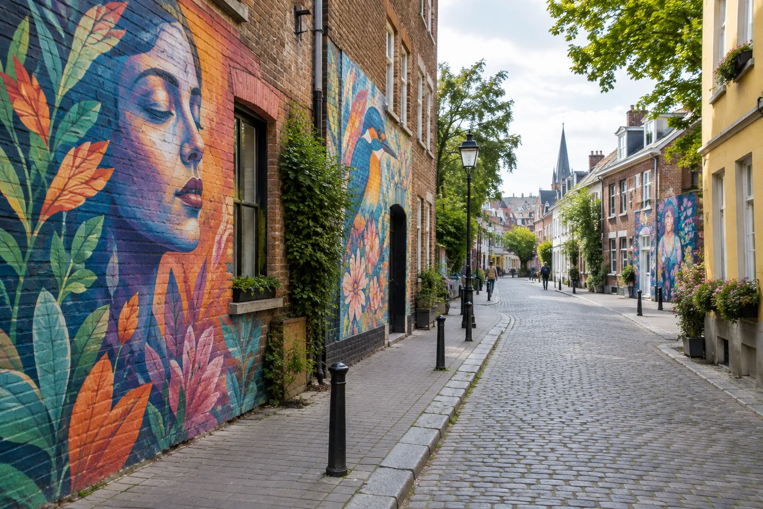 Une rue de quartier bordée de fresques colorées, éclairée par la lumière du jour.