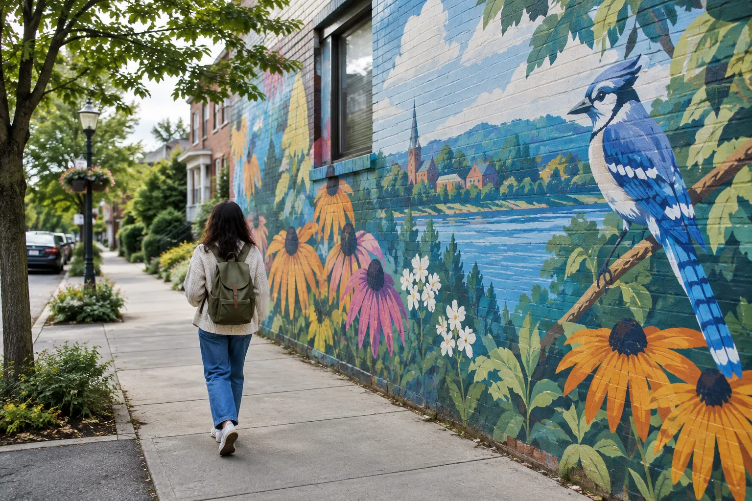 Une personne marche devant une fresque colorée dans une rue de quartier.